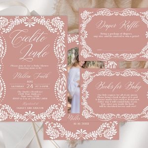 Editable Cielito Lindo Baby Shower Invitation Set Pink. Mexican Folk Baby Shower Invite. Papel Picado Baby Shower. Mexican Talavera Theme.