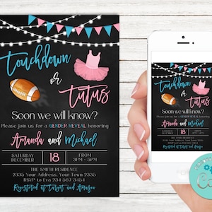 Invito modificabile Touchdown o Tutus Gender Reveal. Invito per bambina o bambino. Football o Ballerina. Lui o lei. Gender Reveal rosa o blu.