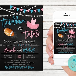 Editable Touchdown or Tutus Gender Reveal Invitation. Girl or Boy Invitation. Football or Ballerina. He or She. Pink or Blue Gender Reveal.