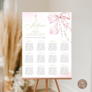 Editable First Holy Communion Seating Chart with Pink Bow and Pearls. Elegant Girl 1st Communion Table Poster. Soft Pastel Pink Bow Pearl.