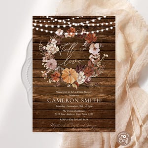 Editable Fall in Love Bridal Shower Invitation. Autumn Invite. Rustic Fall Bridal Shower. Falling in Love Pumpkin Invitation. String Lights.