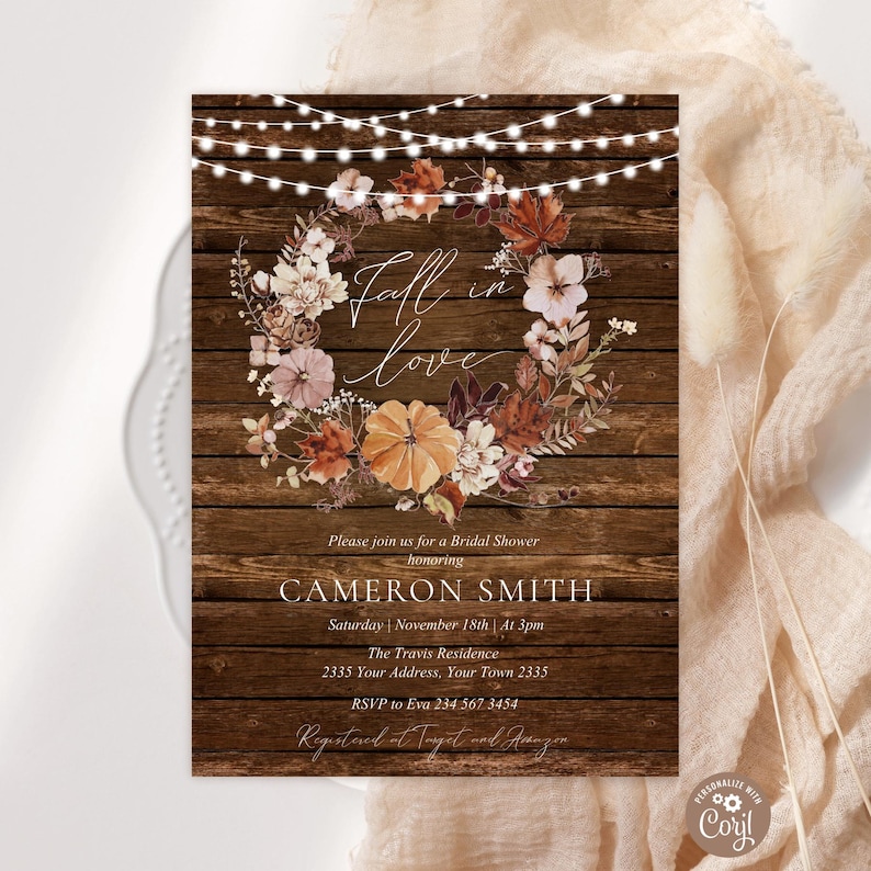 Editable Fall in Love Bridal Shower Invitation. Autumn Invite. Rustic Fall Bridal Shower. Falling in Love Pumpkin Invitation. String Lights. image 1