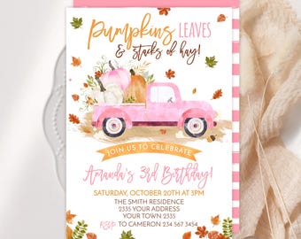 Editable Pink Truck Girl Birthday Invitation (Digital), Rustic Fall Theme Girls Party Invite, Autumn Pumpkin