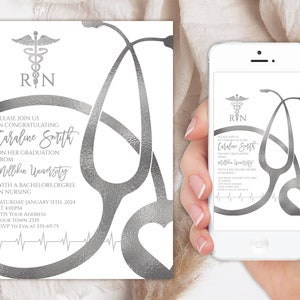 Editable Nursing Graduation Invitation. Registered Nurse Invitation. RN invitation. Licensed Vocational Nurse. Silver & White Invitation.
