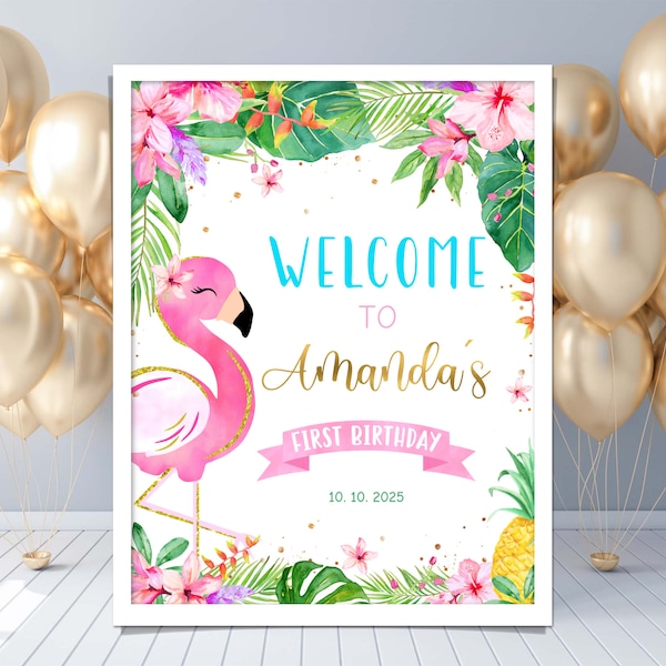 Editable Let’s Flamingle Birthday Welcome Sign. Flamingo Party Welcome Sign. Let's Flamingle Sign. Tropical Fiesta Party. Any Age.