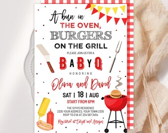 Redigerbar BBQ-babyshowerinbjudan. BaByQ-babyshowerinbjudan. BBQ-inbjudan. Inbjudan till bakgårdens BBQ. Babyshower för blandade könen. Digitalt.