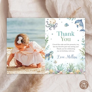 Editable Oneder the Sea Birthday Thank You Card. Ocean Animals 1st Birthday Thank You Card With Photo. Watercolour Sea Animals.