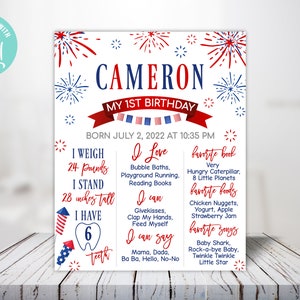 Editable 4th of July First Milestone Birthday Poster. Our Little Firecracker Birthday Milestone Sign. Stars and Stripe First Birthday.