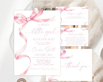 Editable Pink Bow Baby Shower Invitation Set: Dusty Pink Minimalist Invite (Digital Download)