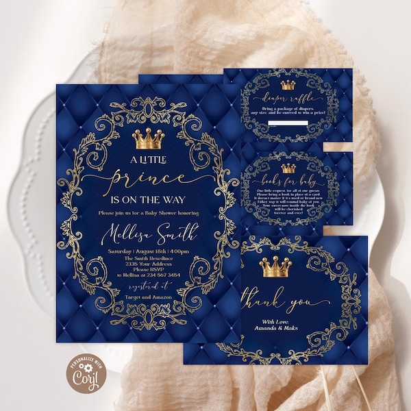 Invito personalizzabile per baby shower a tema principe. Set per baby shower per maschietto nei colori blu e oro. Festa a tema regina e principe. Baby shower "Un piccolo principe sta arrivando".