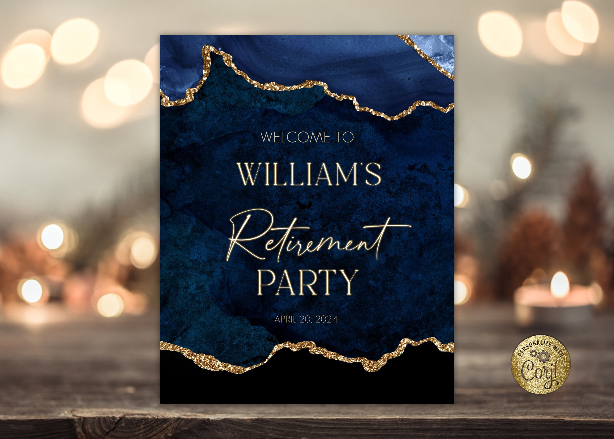 Editable Agate Retirement Party Welcome Sign. Blue Agate and Gold ...