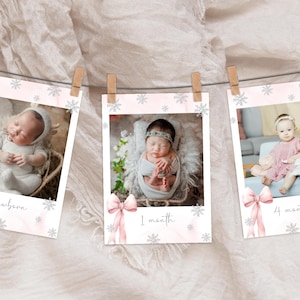 Bannière photo modifiable pour le premier anniversaire avec un noeud rose. Cartes d'étape mensuelles de 1ère année, pastel doux. Guirlande photo argentée avec ruban rose flocon de neige.