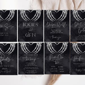 Editable Halloween Baby Shower Sign Bundle. Gothic Skull Baby Shower Table Signs. A Little Boo Is Almost Due Skellington Love Hands Sign.