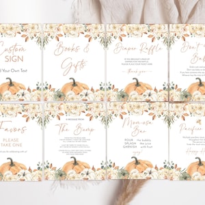 Editable Pumpkin Baby Shower Sign Bundle. A Little Pumpkin Is On The Way Baby Shower Table Signs. Fall Shower. Yellow, Beige Flowers Signs.