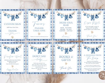 Blue Jean Baby Shower Sign Bundle (Editable Digital Download), Boy Clothes Denim Table Signs
