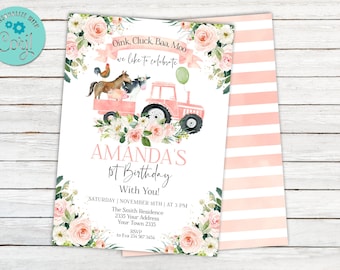 Editable Girl Farm Birthday Invitation, Barnyard Animals (Digital file)