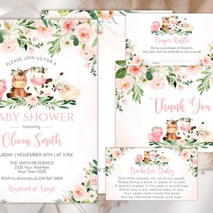 Editable Farm Baby Shower Invitation Set. Floral Baby Shower. Pink Farm Baby Shower Invitation. Rose Barnyard Animals. Pink Farm. Blush Pink