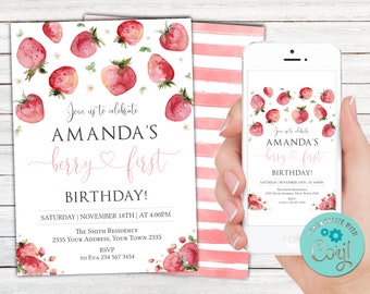 Editable Strawberry First Birthday Invitation, Berry Sweet Party (Digital Item)