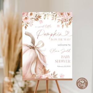 Może przedstawiać: Prostokątny znak powitalny na baby shower z dużą, jasnoróżową dynią z białą wstążką zawiązaną wokół ogonka. Projekt zawiera delikatne kwiatowe akcenty w stonowanych odcieniach różu i brązu oraz tekst "a sweet little Pumpkin IS ON THE WAY! welcome to Olivia Smith BABY SHOWER February 20, 2025."