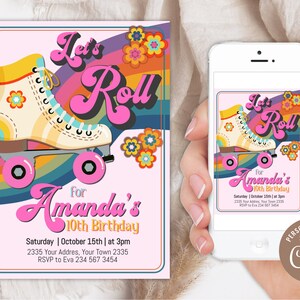 Bewerkbare rolschaats verjaardagsuitnodiging. Let's Roll Retro rolschaats verjaardagsfeestje. Rolschaatsen. Verjaardag madeliefje regenboog. Elke leeftijd.