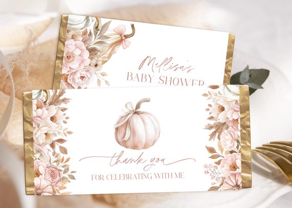 Editable Pink Bow Pumpkin Baby Shower Candy Bar Wrapper. Pink, Beige Flowers Pumpkin Chocolate Bar Wrapper. Fall Baby Shower Decor.
