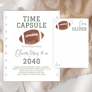 Letrero de cápsula del tiempo para primer cumpleaños de fútbol editable. Tarjetas de cápsula del tiempo para fiestas deportivas de cumpleaños. Plantilla de cápsula del tiempo para primer cumpleaños de fútbol.