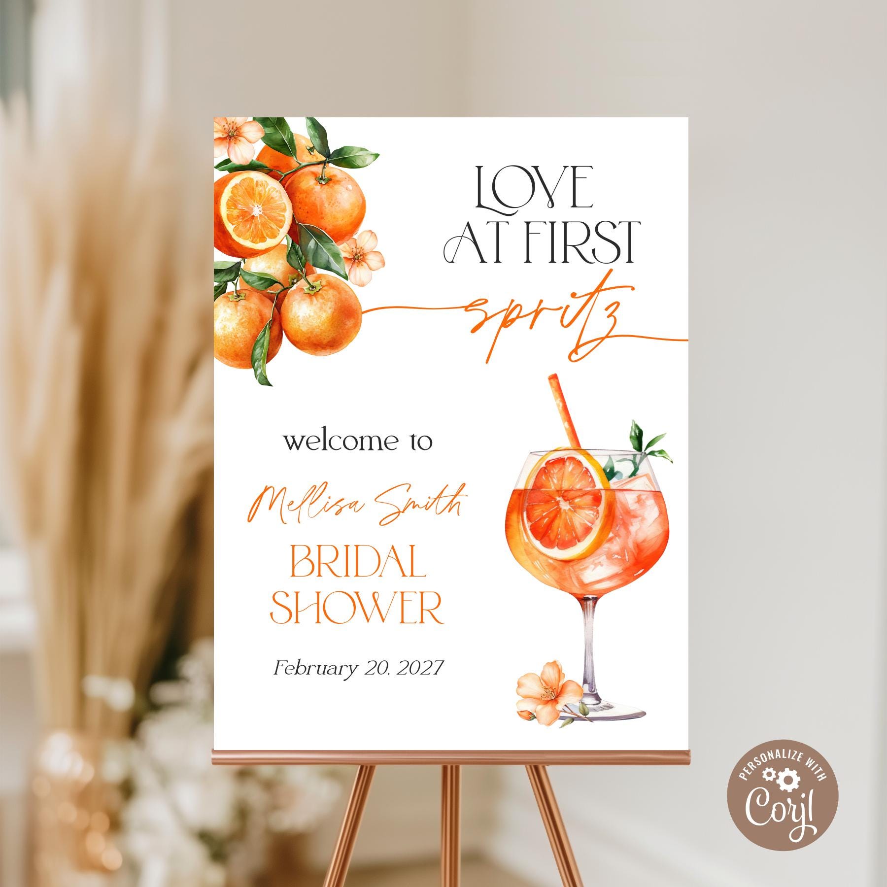 Editable Love at First Spritz Bridal Shower Welcome Sign. Aperol