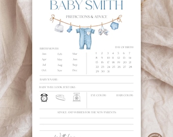 Editable A Sweet Baby Boy Is On His Way Predictions and Advice Card. Clothes Baby Shower Predictions for Baby.