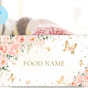 Cartões editáveis de comida para chá de bebê borboleta. Rótulos De Alimentos Uma Pequena Borboleta. Cartões de Buffet de Borboletas. Chá de bebê de fadas. Rosa blush.