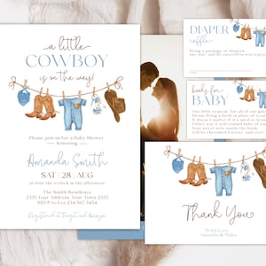 Set di inviti modificabili per baby shower stile cowboy. Un piccolo invito per baby shower da cowboy. Stile western, vestiti blu per bambini, all'aperto, stile rodeo.