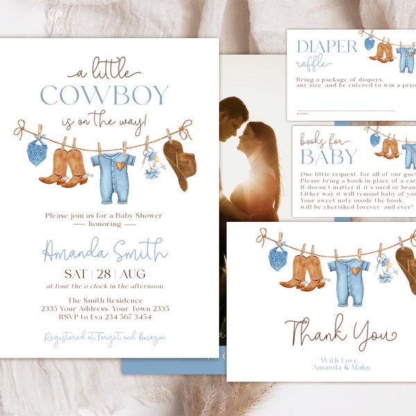 Editable Cowboy Baby Shower Invitation Set. A Little Cowboy Baby Shower Invite. Wild West Western Boy Blue Clothes Outdoors Rodeo Country.