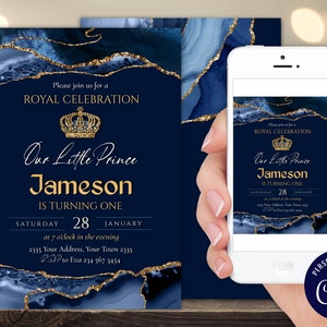 Editable Prince Party Invitation. Royal Celebration Invite. Little Prince Royal Celebration. Gold Glitter Glam. First Blue and Gold Invite.
