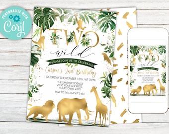 Editable Two Wild Safari Birthday Invitation, Jungle Animals (Digital Item)
