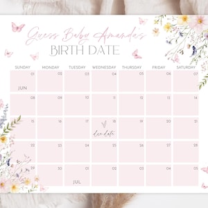 Op de afbeelding: Een roze en witte bloemenkalender met vlinders voor een babyshower-spel. De kalender heeft de titel "Raad Baby Amanda's geboortedatum" en bevat de maanden juni en juli.