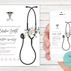 Floral RN Graduation Invitation, Editable Black and White Design (Digital)