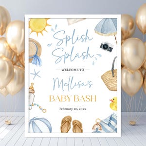 Editable Splish Splash Baby Shower Welcome Sign. Welcome Sign Blue Beach Summer Girl Baby Shower. Tropical Summer Girl Blue Pool Beach Sign.