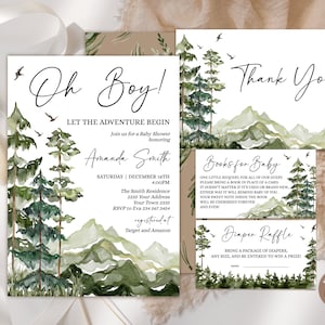Editable Let the Adventure Begin Baby Shower Invitation Set. Forest Baby Shower Invite. Oh Boy Baby Shower. Woodland Trees Forest Mountain.