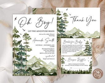 Editable Let the Adventure Begin Baby Shower Invitation Set. Forest Baby Shower Invite. Oh Boy Baby Shower. Woodland Trees Forest Mountain.