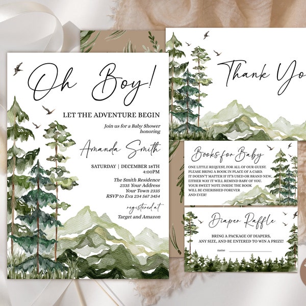 Editable Let the Adventure Begin Baby Shower Invitation Set. Forest Baby Shower Invite. Oh Boy Baby Shower. Woodland Trees Forest Mountain.