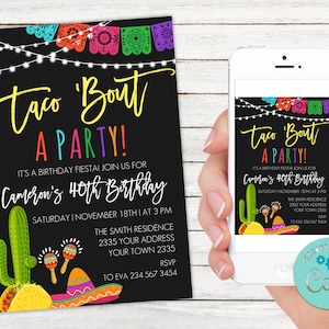 Editable Taco 'Bout Birthday Party Invitation. Fiesta Birthday Party Invitation. Taco 'Bout Party Fiesta. Cactus Invitation. Any age.