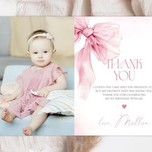 Editable 1st Birthday Photo Thank You Card with Pink Bow. Elegant Soft Pastel Pink Bow Birthday Thank You Card. Watercolor Dusty Pink Ribbon