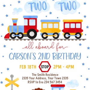 May include: A colorful birthday invitation with a train theme. The text "CHUGGA CHUGGA TWO TWO" is at the top. The invitation reads "all aboard for CARSON'S 2ND BIRTHDAY" with date and time details. A train illustration is featured.