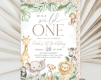Editable Wild One Birthday Invitation, Safari First Birthday Boy Invite, Jungle Animals (Digital Download)