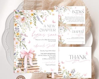 Editable 'A New Chapter' Baby Shower Invitation, Bow, Floral (Digital). Elegant Books Invite. Wildflower, Butterfly, Bow and Florals Invite.