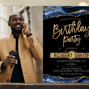 Editable Birthday Party Invitation. Birthday Party Invitation with Photo.  Adult Mens Womans. Any Age. Adult Birthday Invite. Blue Agate.