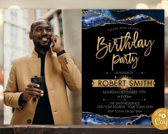 Editable Birthday Party Invitation. Birthday Party Invitation with Photo.  Adult Mens Womans. Any Age. Adult Birthday Invite. Blue Agate.