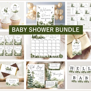 Editable Let the Adventure Begin Baby Shower Bundle. Forest Baby Shower Set. Oh Boy Baby Shower Bundle. Woodland Trees Forest Mountain.