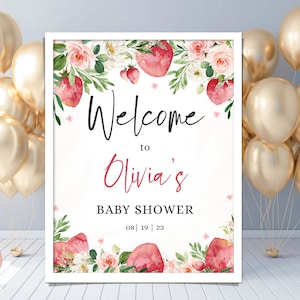 Editable Strawberry Baby Shower Welcome Sign. Berry Sweet Baby Shower Welcome Sign.  Strawberry Party. A Berry Sweet Baby Is On The Way.