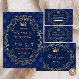 Convite editável para chá de bebê de príncipe. Kit para chá de bebê de menino azul e dourado. Festa da Rainha Príncipe. Chá de bebê &quot;Um Pequeno Príncipe Está a Caminho&quot;.