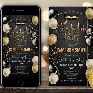Editable Graduation Party Invitation. Glitter Graduation Invitation. Any Graduation Invitation. Black and Gold Graduation. Phone Text Evite.